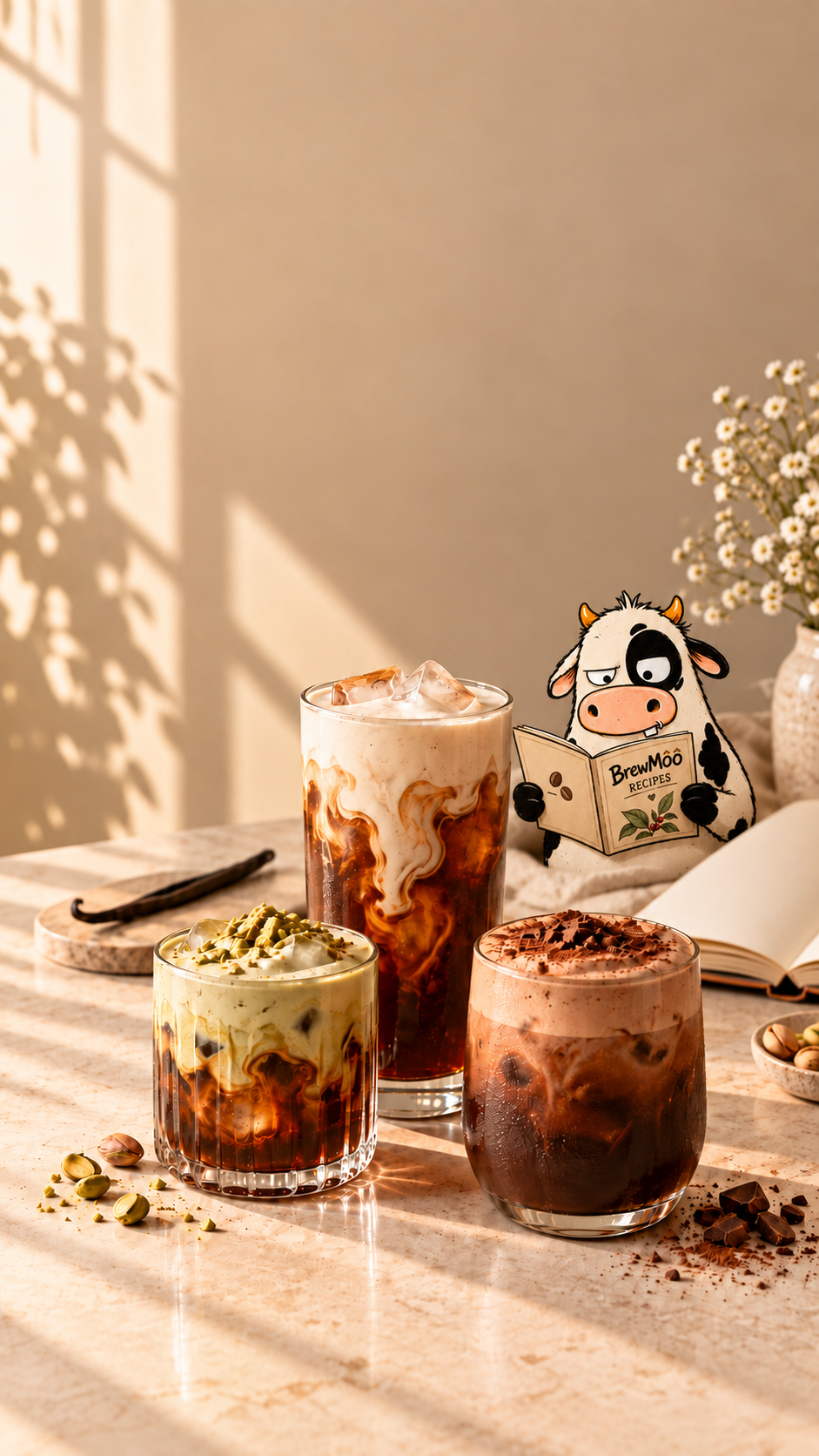 Three signature cold brew drinks with creamy pistachio, vanilla, and chocolate toppings on a sunlit recipe bar.