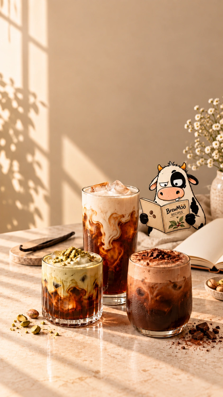 Three signature cold brew drinks with creamy pistachio, vanilla, and chocolate toppings on a sunlit recipe bar.