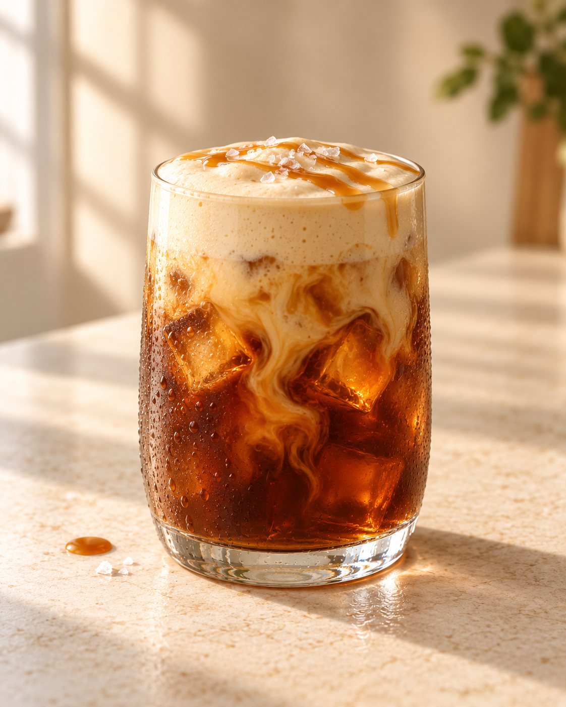 Salted caramel cold brew with sweet cream foam