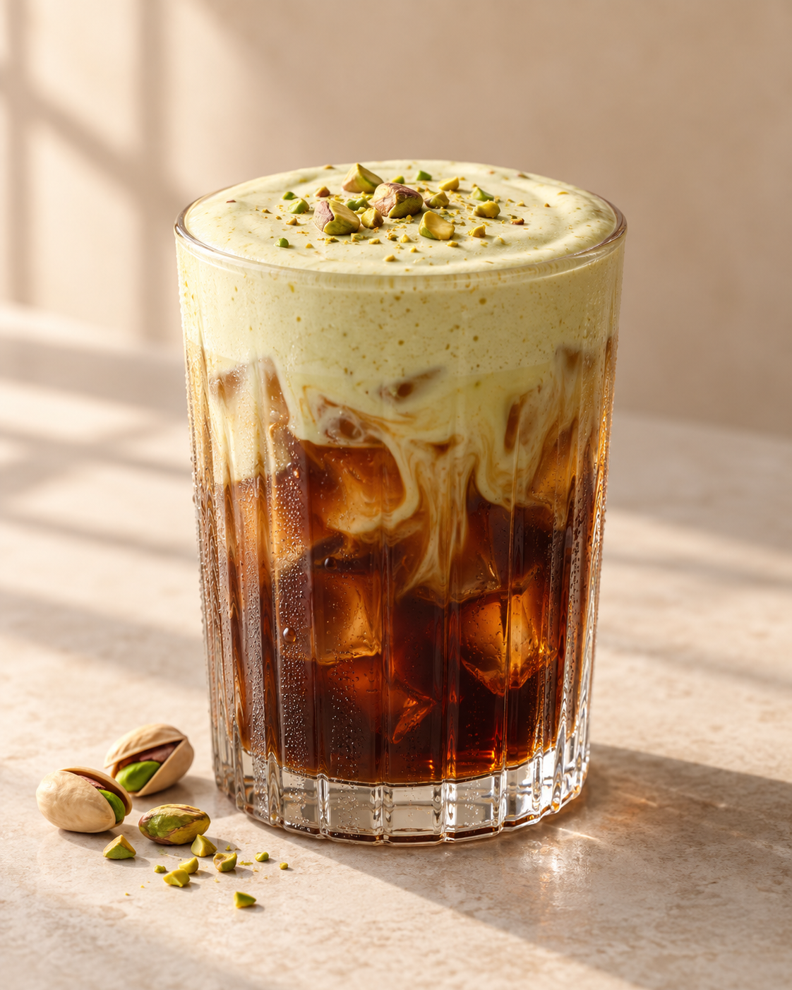 Pistachio cream cold brew topped with chopped pistachios
