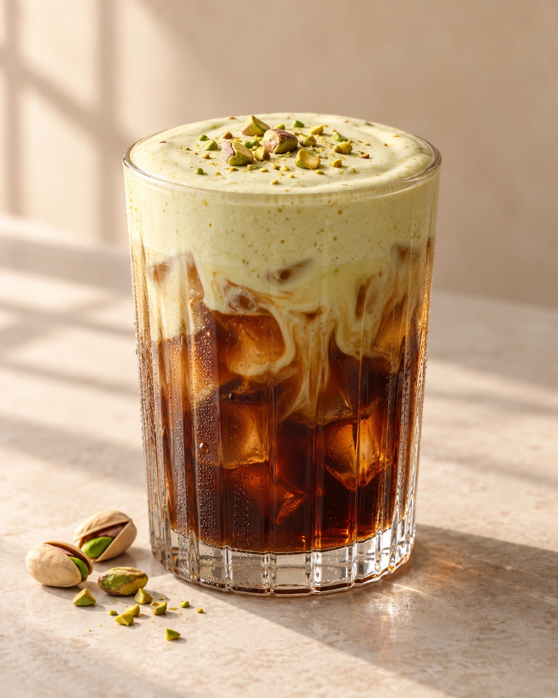 Pistachio cream cold brew topped with chopped pistachios