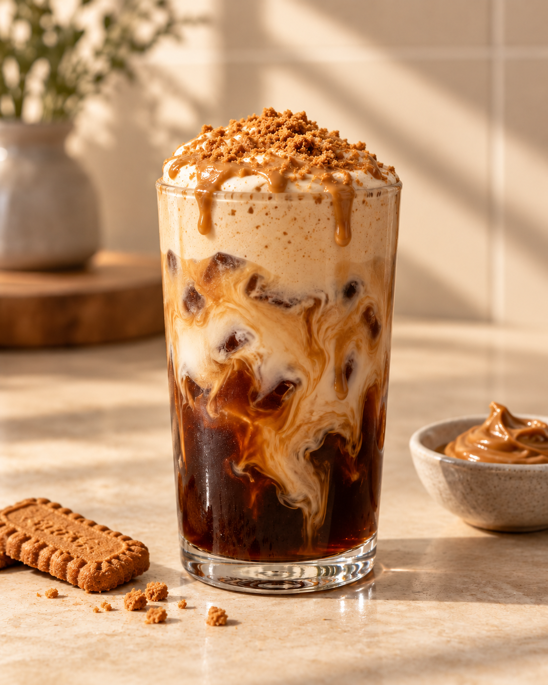 Cookie butter cold brew topped with cream and cookie crumbs