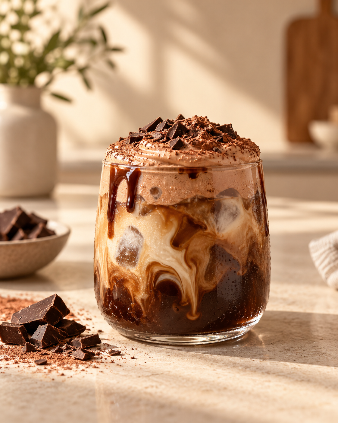 Rich mocha cream cold brew topped with chocolate pieces