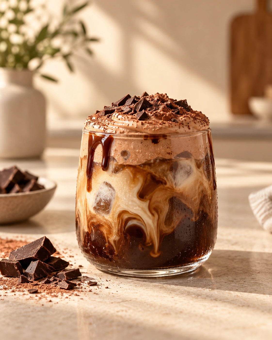 Rich mocha cream cold brew topped with chocolate pieces