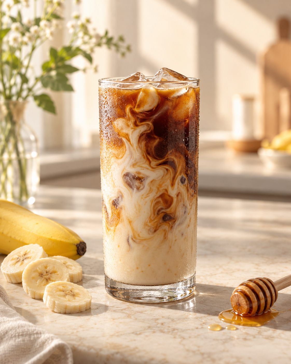 Banana milk cold brew with banana slices and honey