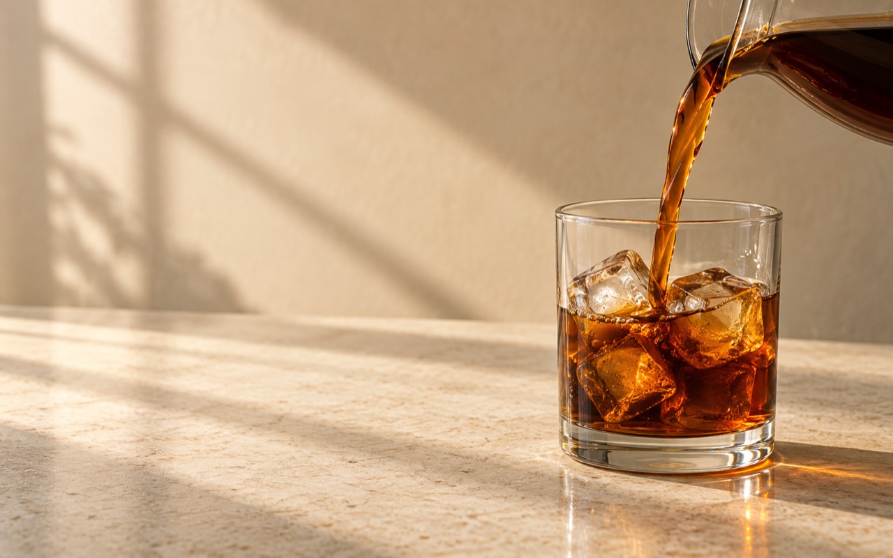 Cold brew pouring from a glass pitcher into an ice-filled glass in warm sunlight.