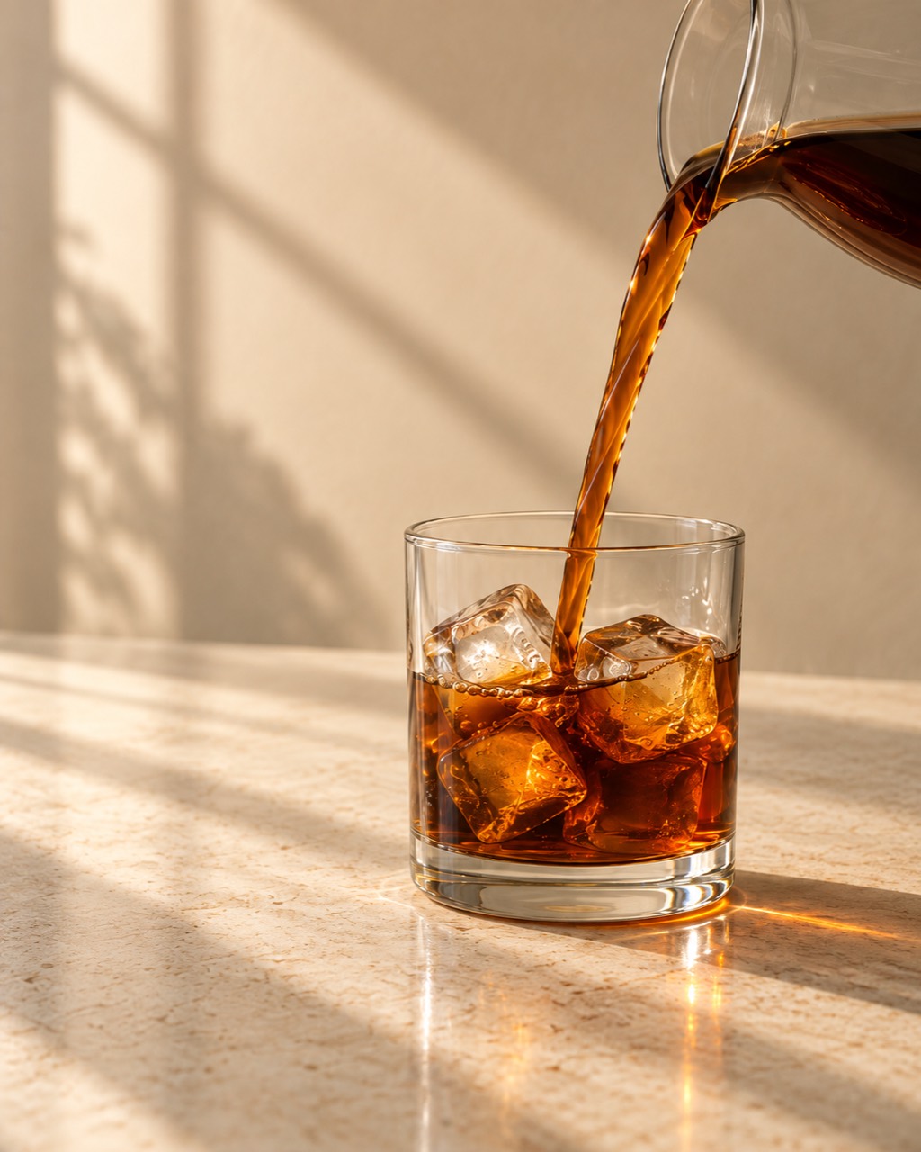 Cold brew pouring from a glass pitcher into an ice-filled glass in warm sunlight.