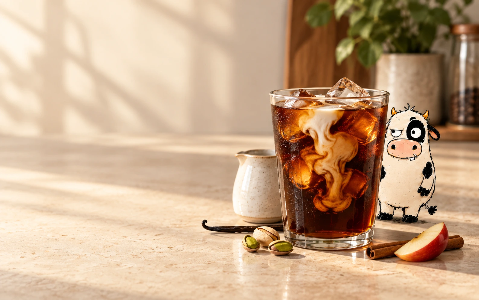 Cold brew over ice with cream swirling through the glass and MOO beside it in warm sunlight.