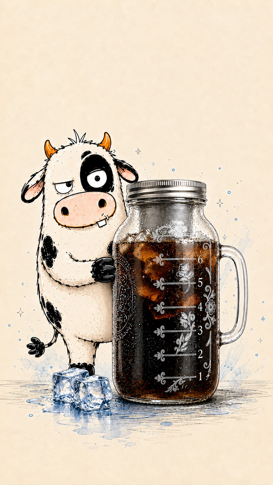MOO, the BrewMOO cow character, standing beside a glass cold brew maker filled with iced coffee.