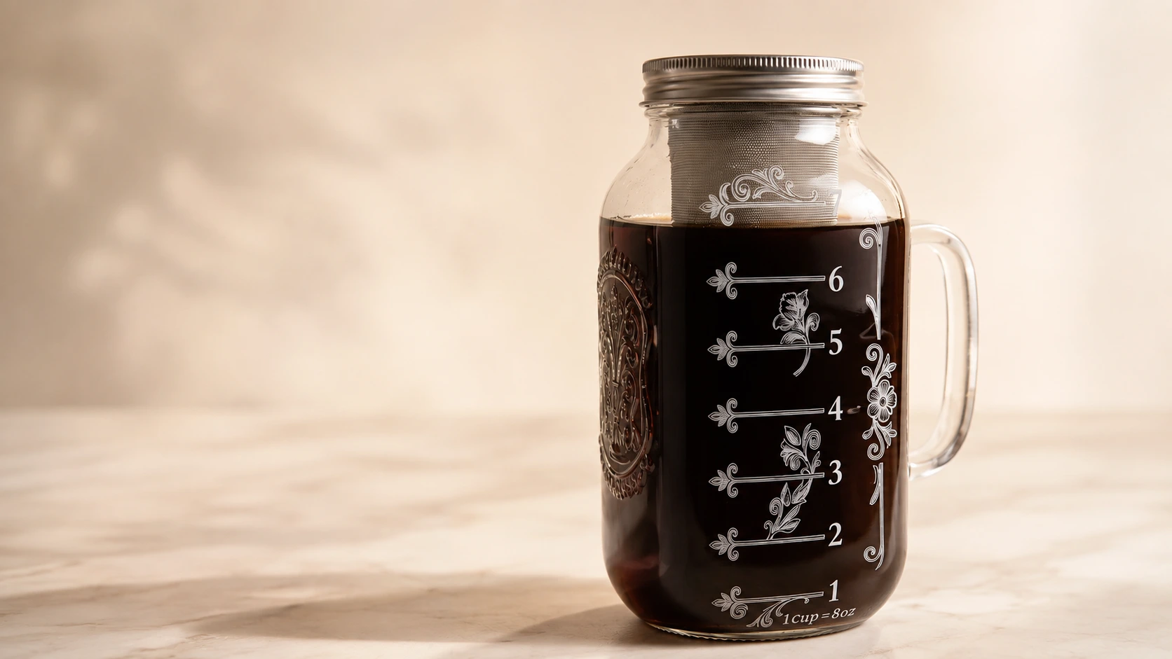 BrewMOO Vintage Mason cold brew maker filled with cold brew