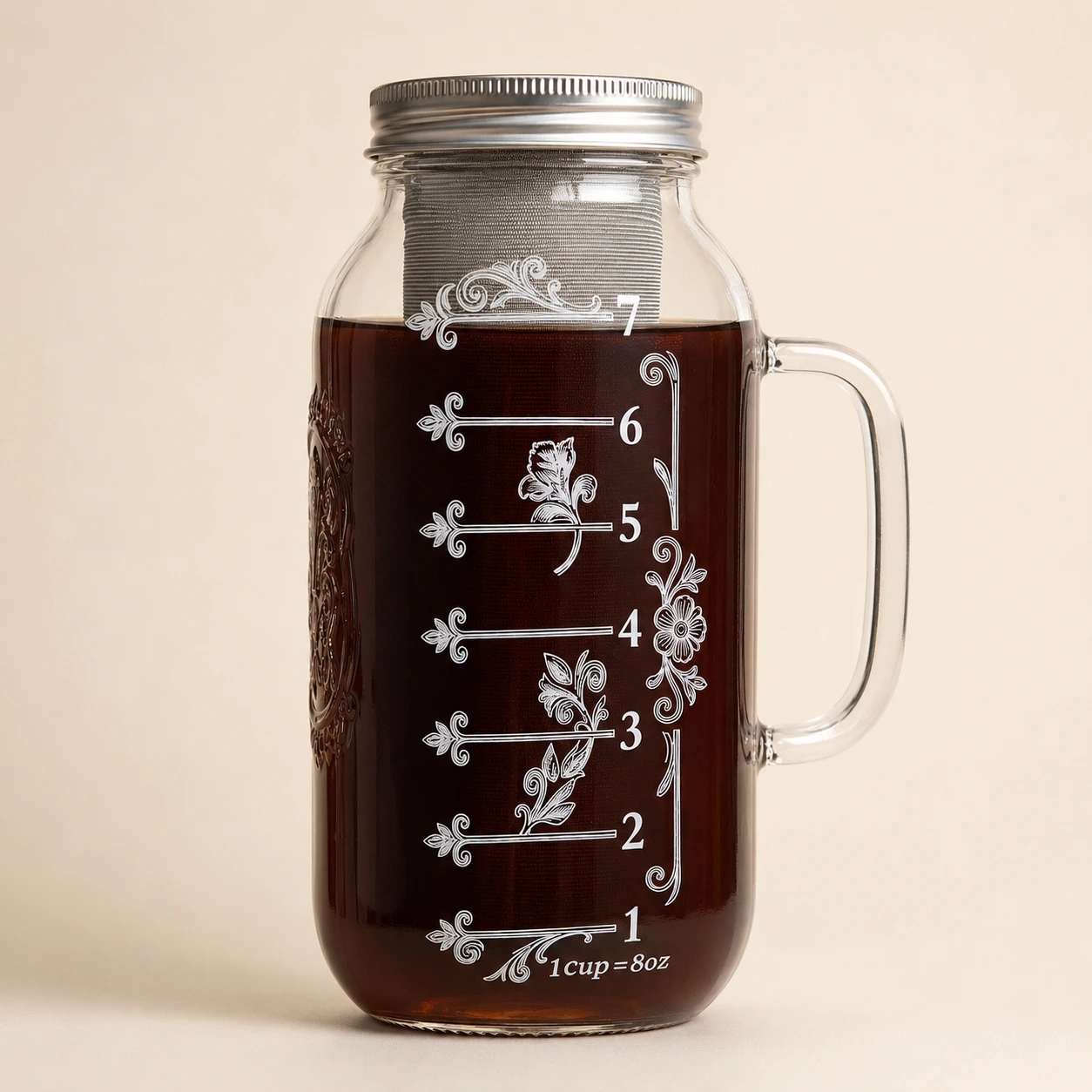 BrewMOO Vintage Mason cold brew maker with botanical cup markings