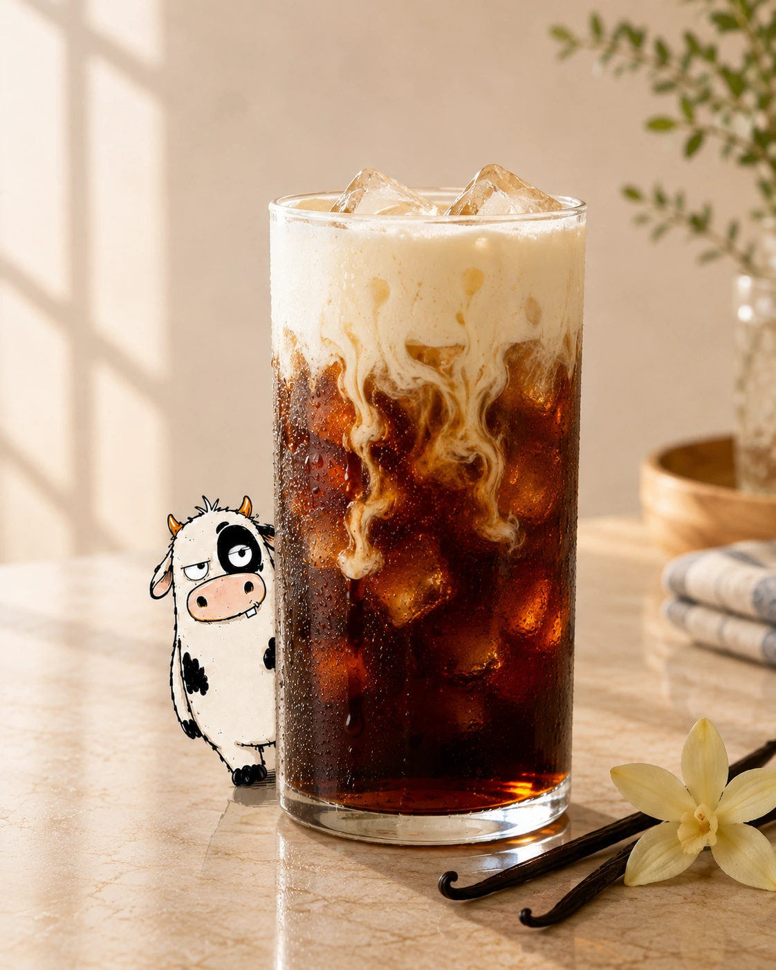 Classic Vanilla Sweet Cream cold brew with BrewMOO mascot