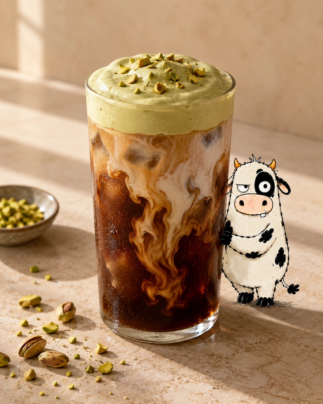 Pistachio Dream cold brew topped with pistachios and BrewMOO mascot