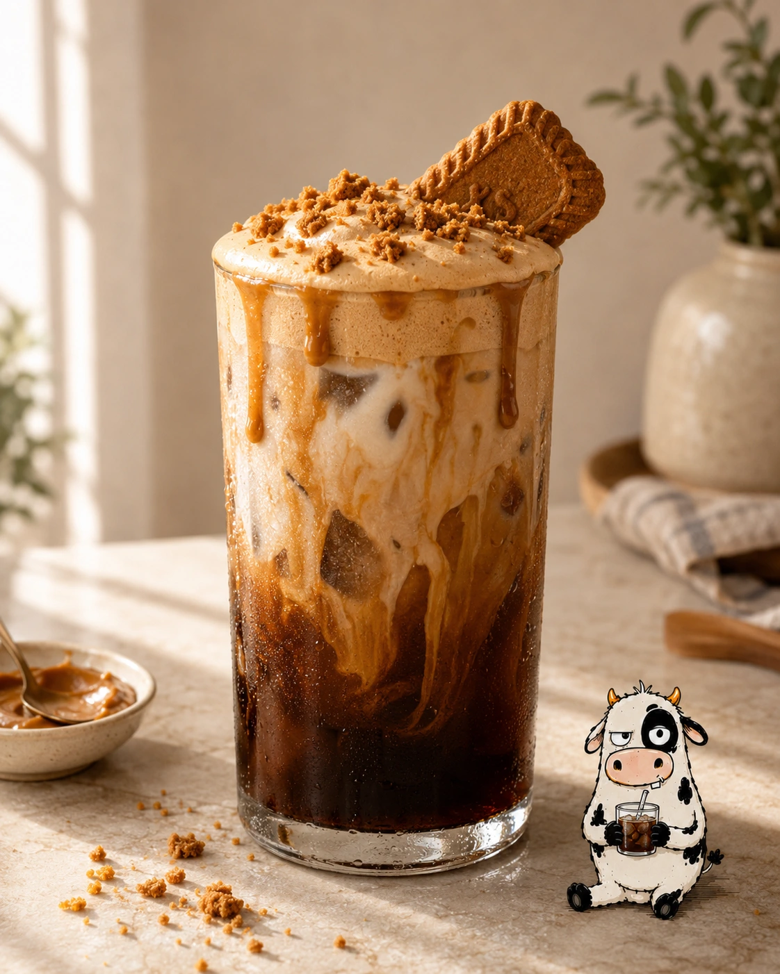Cookie Butter cold brew with cookie cream topping and BrewMOO mascot