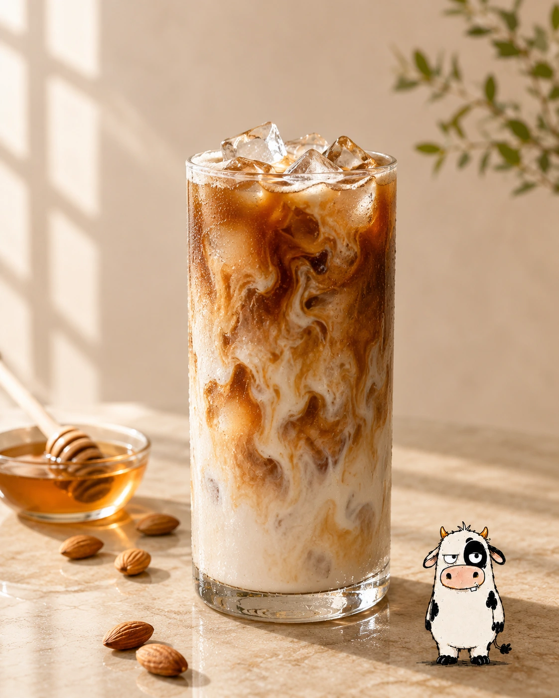Honey Almond cold brew with BrewMOO mascot
