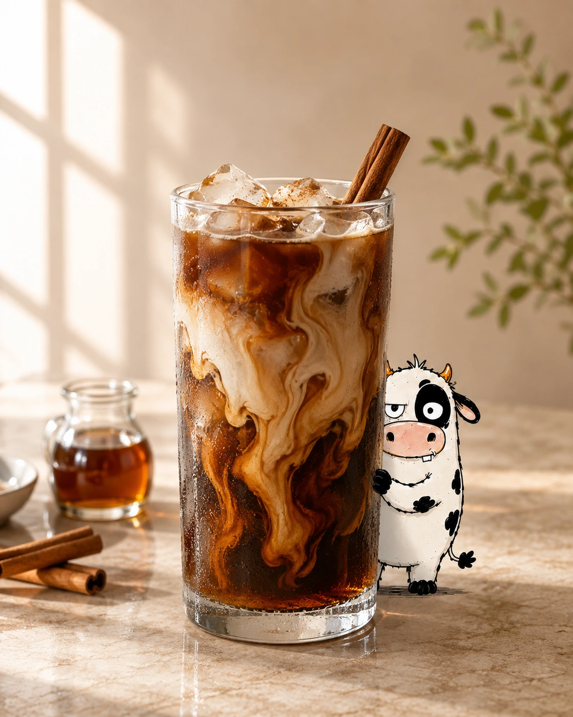 Maple Cinnamon cold brew with cinnamon garnish and BrewMOO mascot