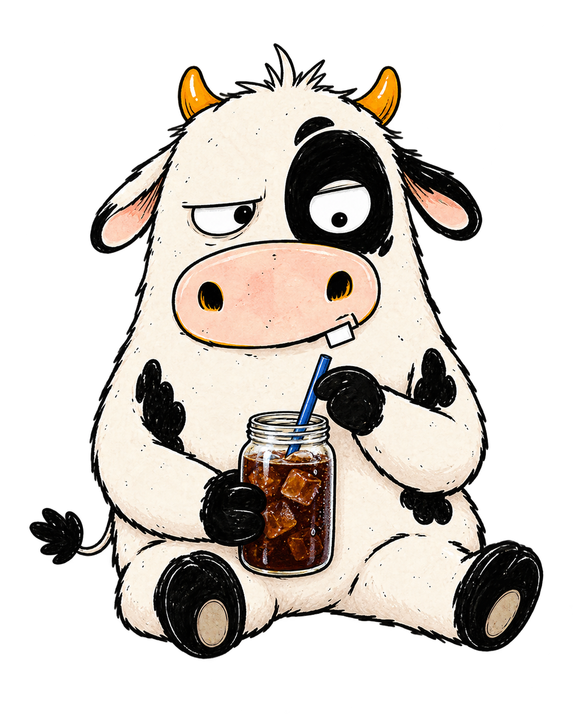 MOO sitting with an iced cold brew