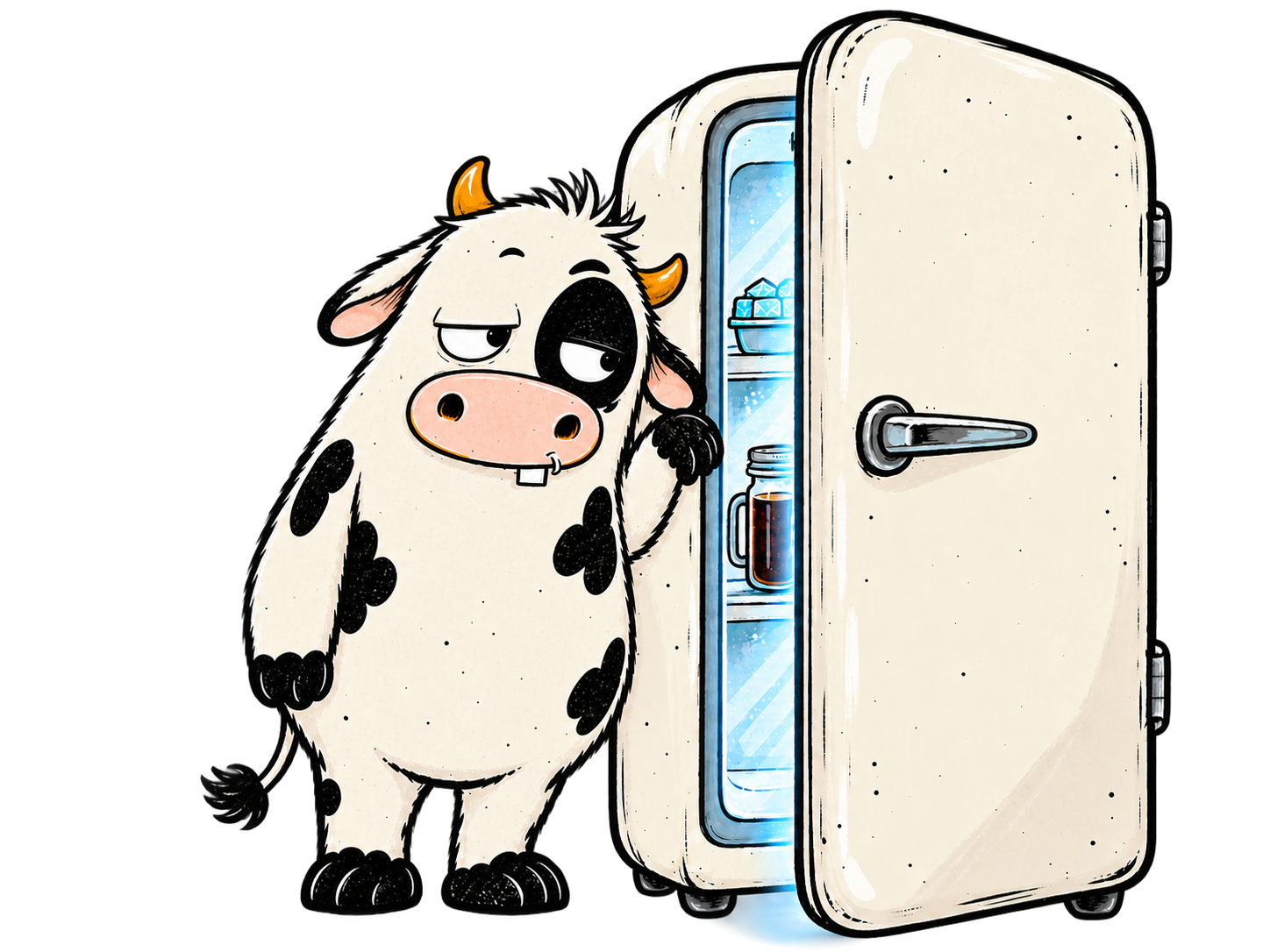MOO leaning beside a vintage refrigerator with cold brew inside
