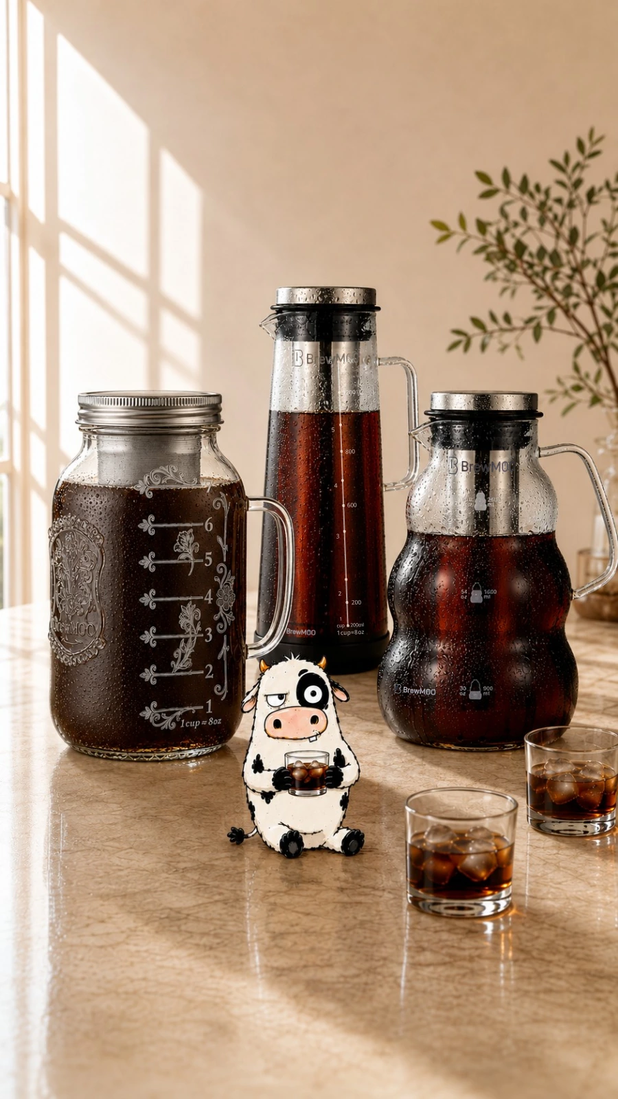 BrewMOO cold brew maker family with Vintage Mason, Sleek, Sleek Wave and MOO